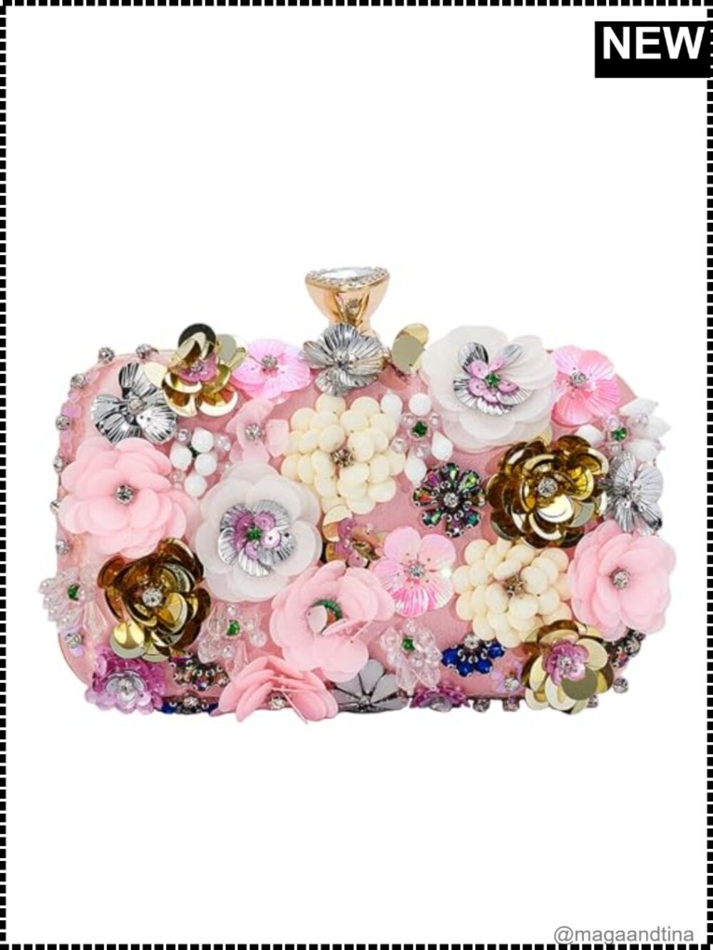 Satin Evening Clutch with 3D Beaded Flowers, Detachable Chain, Wristlet